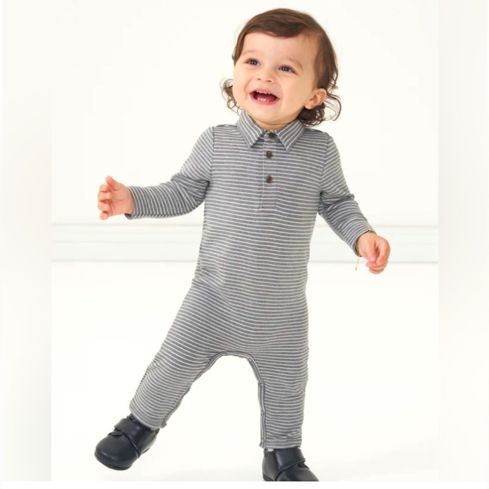 Little Sleepies Charcoal Heather Stripe Polo Romper 6-12 Months